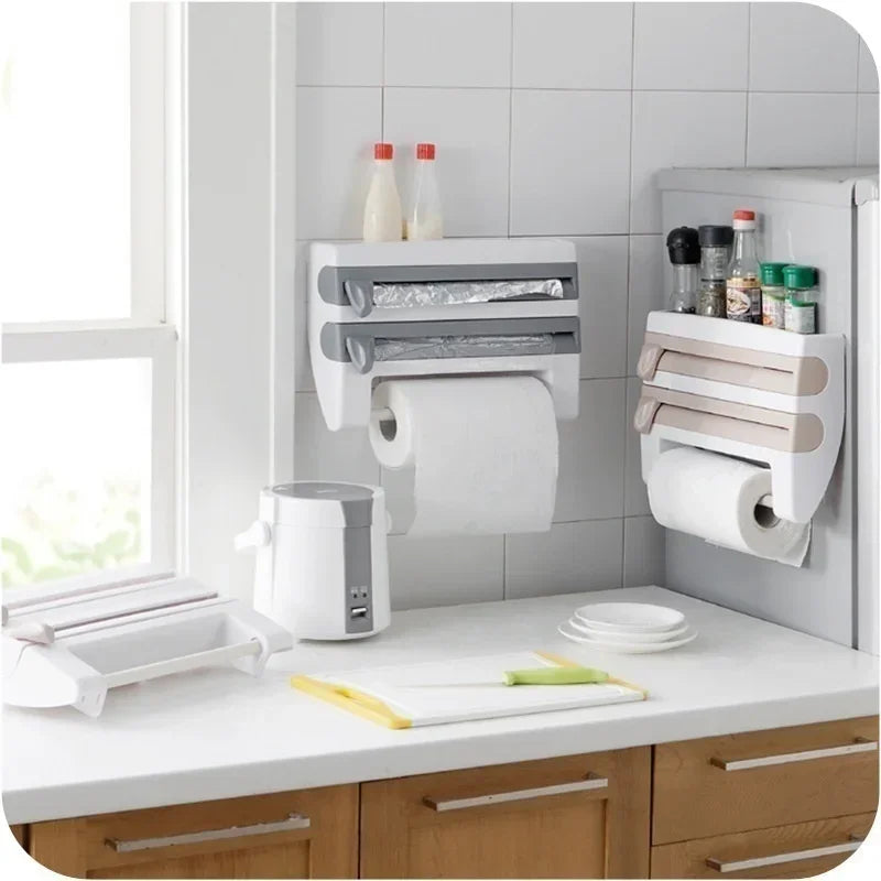 3 in 1 Küchenrollenhalter Kitchen Lagerregal, Wandhalterung Folienspender Organizer