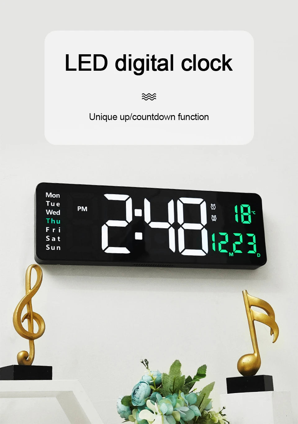 LED Digital Wanduhr mit Fernbedienung, Temperatur, Datum, Wochentage  - Smart Features