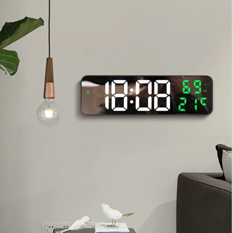 9-zoll große digitale Wanduhr Temperatur Luftfeuchtigkeit Nachtmodus 12/24H Elektronische LED-Uhr