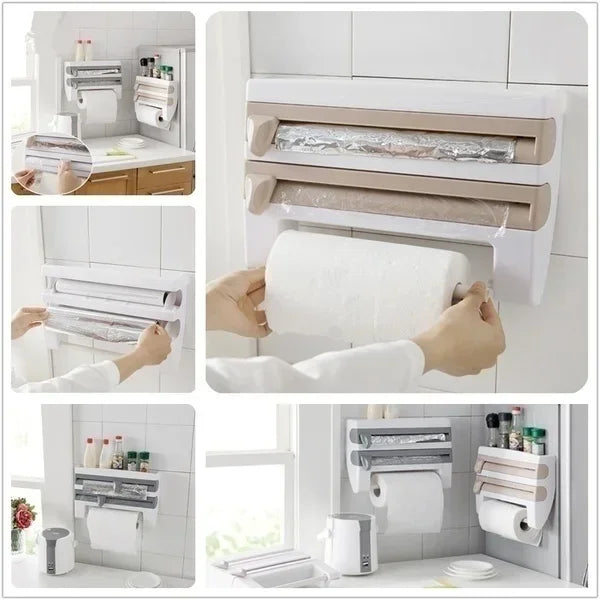 3 in 1 Küchenrollenhalter Kitchen Lagerregal, Wandhalterung Folienspender Organizer
