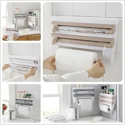 3 in 1 Küchenrollenhalter Kitchen Lagerregal, Wandhalterung Folienspender Organizer