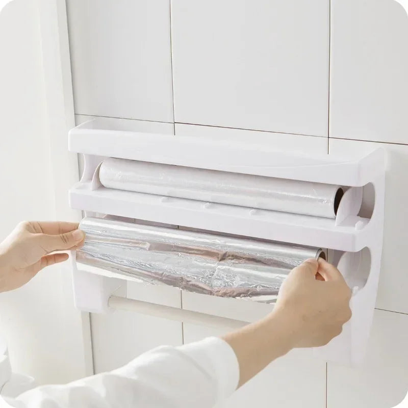 3 in 1 Küchenrollenhalter Kitchen Lagerregal, Wandhalterung Folienspender Organizer